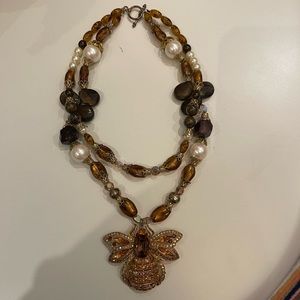 Citrine glass beads and pearl necklace. Large bee can be worn as a broach.